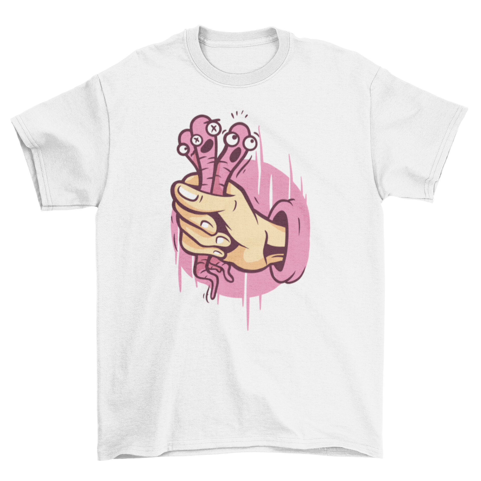 A playful t-shirt featuring a hand grabbing three shocked earthworms, showcasing a unique and humorous design.