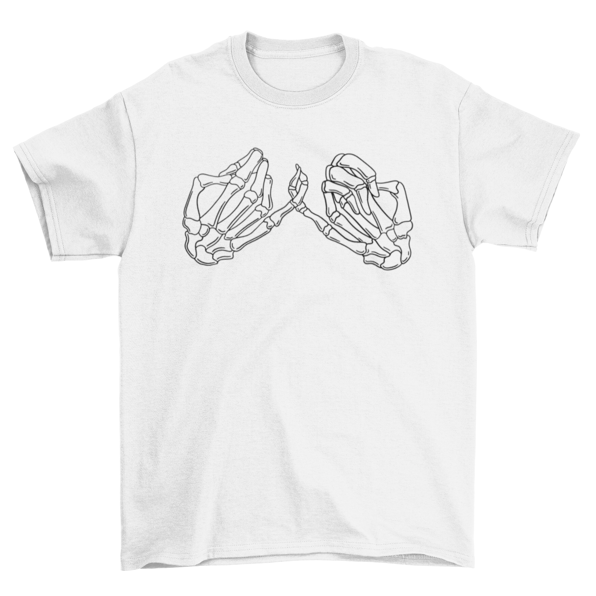 A stylish t-shirt featuring two skeleton hands making a pinky promise, symbolizing trust and friendship.