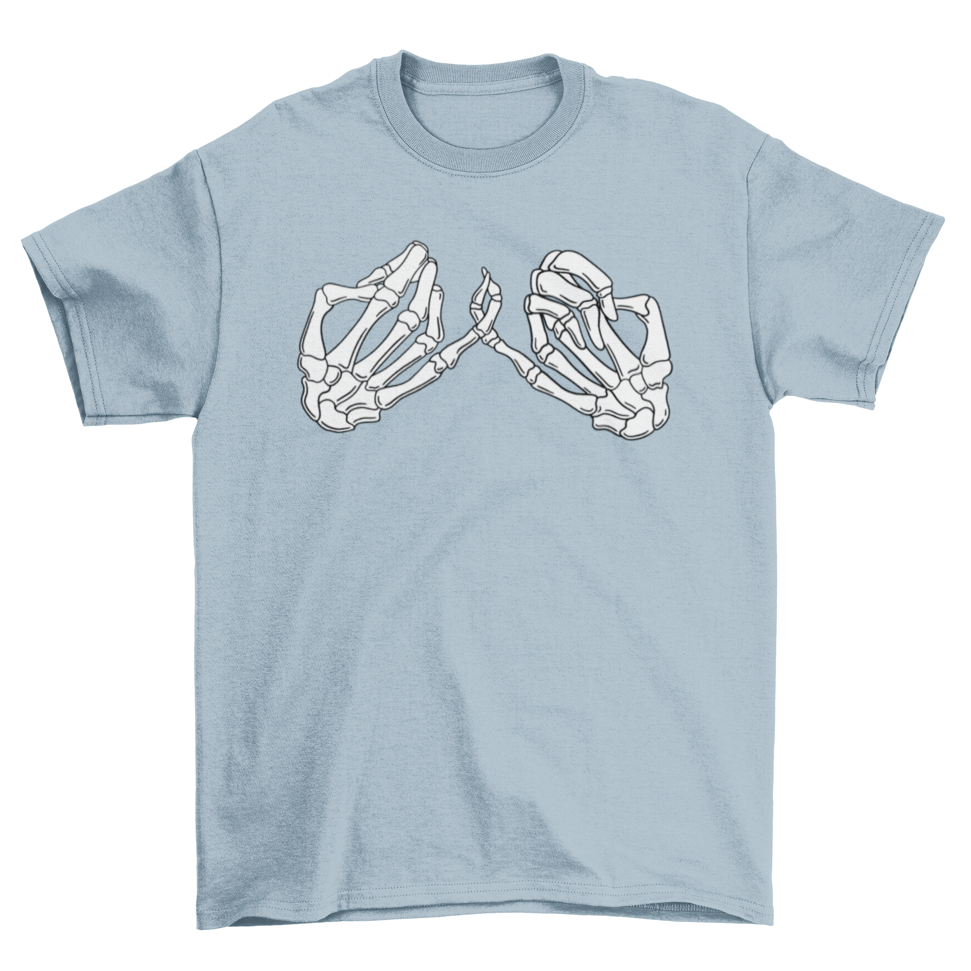 A stylish t-shirt featuring two skeleton hands making a pinky promise, symbolizing trust and friendship.