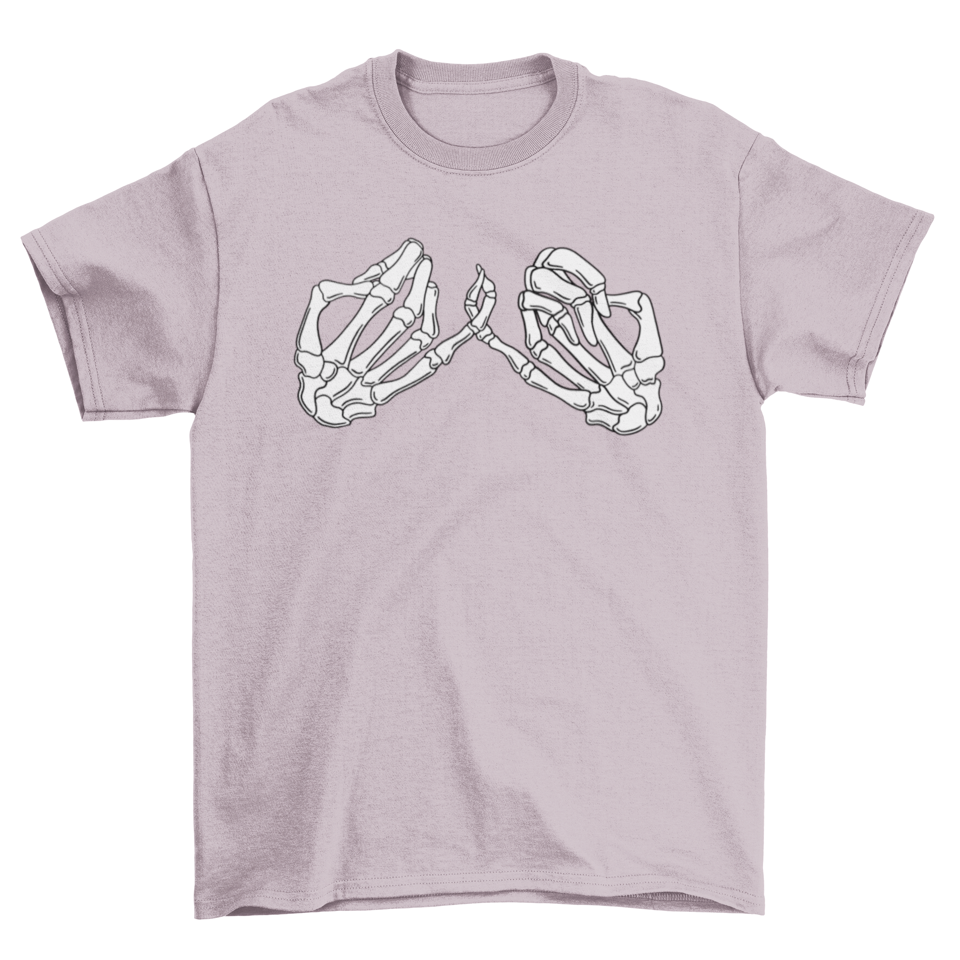 A stylish t-shirt featuring two skeleton hands making a pinky promise, symbolizing trust and friendship.