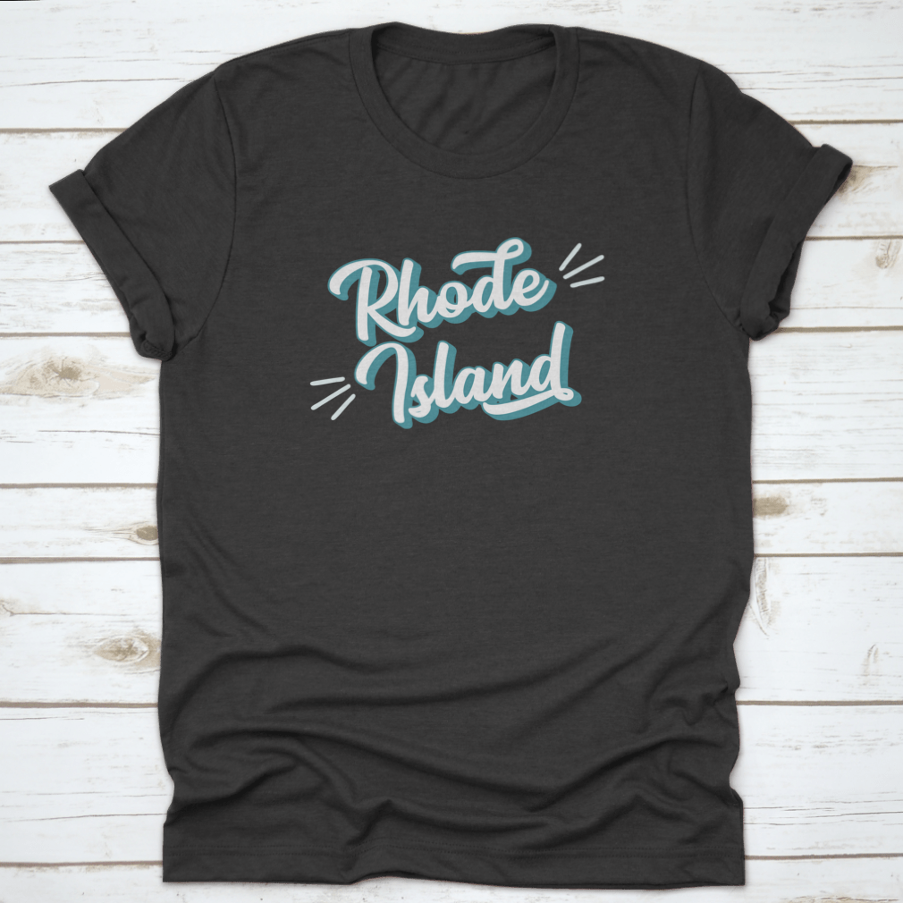 Hand sketched Rhode Island text t-shirt featuring vintage 3D retro lettering on a soft cotton fabric.