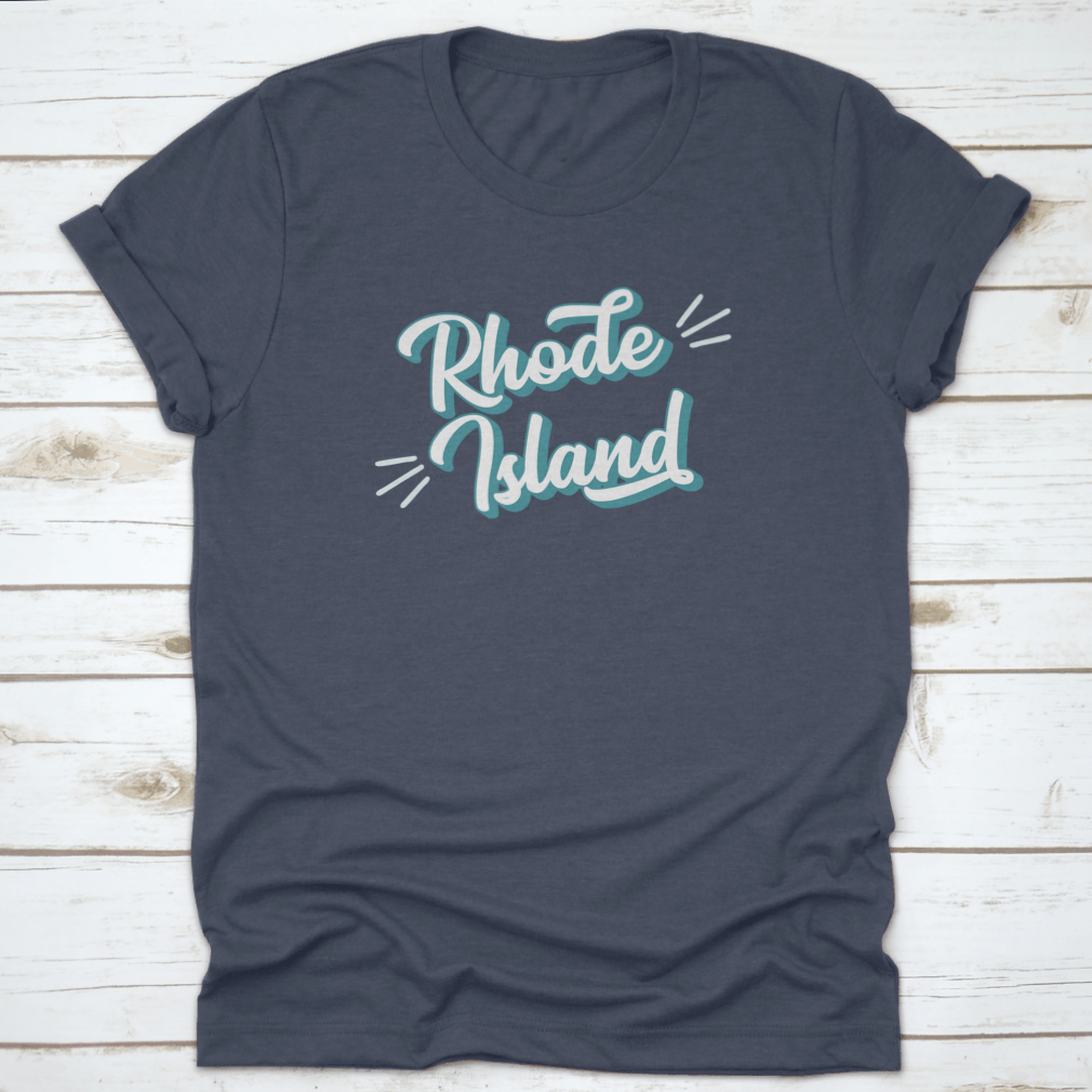 Hand sketched Rhode Island text t-shirt featuring vintage 3D retro lettering on a soft cotton fabric.