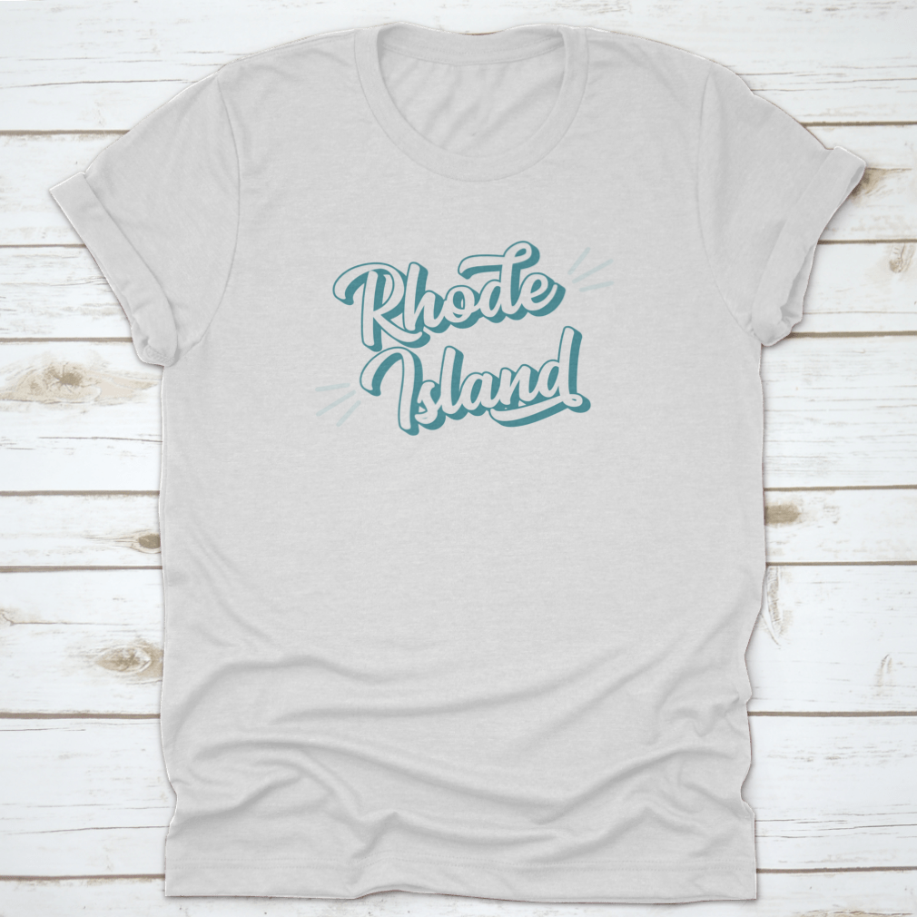 Hand sketched Rhode Island text t-shirt featuring vintage 3D retro lettering on a soft cotton fabric.