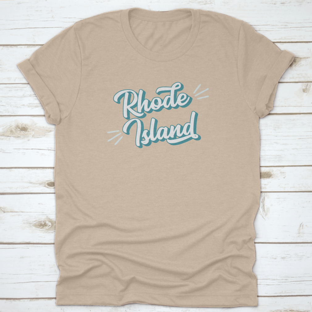 Hand sketched Rhode Island text t-shirt featuring vintage 3D retro lettering on a soft cotton fabric.