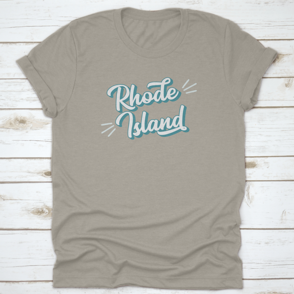 Hand sketched Rhode Island text t-shirt featuring vintage 3D retro lettering on a soft cotton fabric.