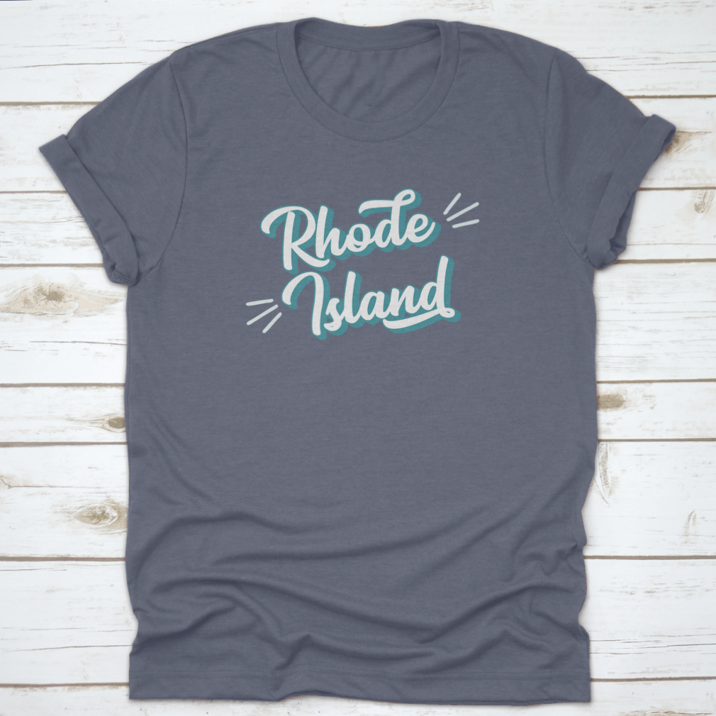 Hand sketched Rhode Island text t-shirt featuring vintage 3D retro lettering on a soft cotton fabric.