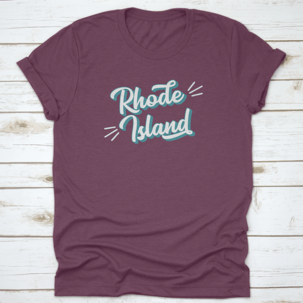 Hand sketched Rhode Island text t-shirt featuring vintage 3D retro lettering on a soft cotton fabric.