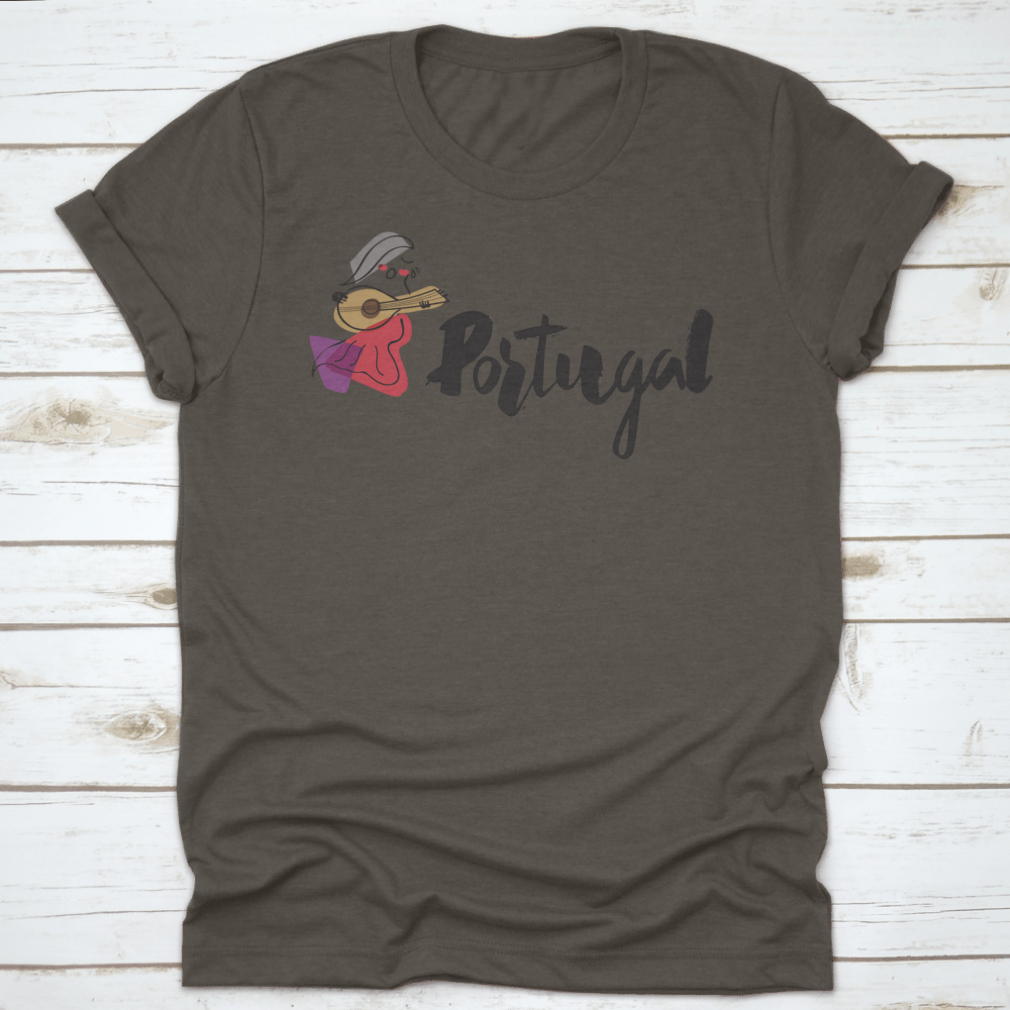 A stylish shirt featuring the word 'Portugal' in handwriting with a unique singer illustration, showcasing vibrant colors and a comfortable fit.