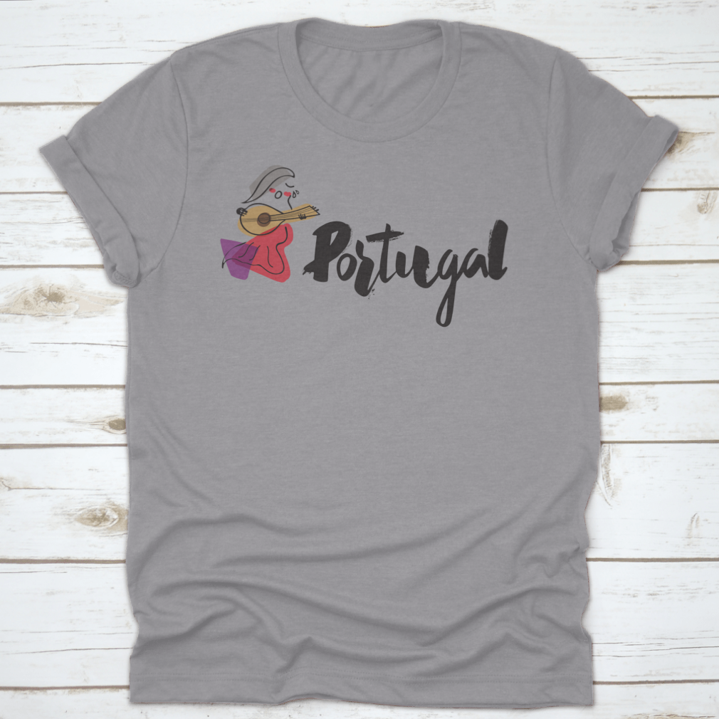 A stylish shirt featuring the word 'Portugal' in handwriting with a unique singer illustration, showcasing vibrant colors and a comfortable fit.