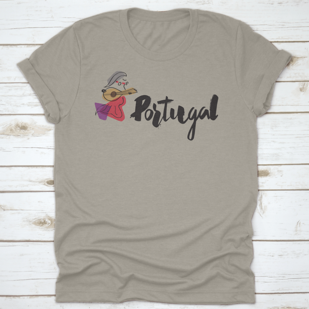 A stylish shirt featuring the word 'Portugal' in handwriting with a unique singer illustration, showcasing vibrant colors and a comfortable fit.