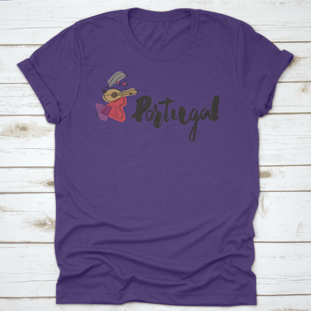 A stylish shirt featuring the word 'Portugal' in handwriting with a unique singer illustration, showcasing vibrant colors and a comfortable fit.