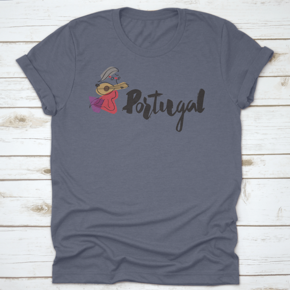 A stylish shirt featuring the word 'Portugal' in handwriting with a unique singer illustration, showcasing vibrant colors and a comfortable fit.