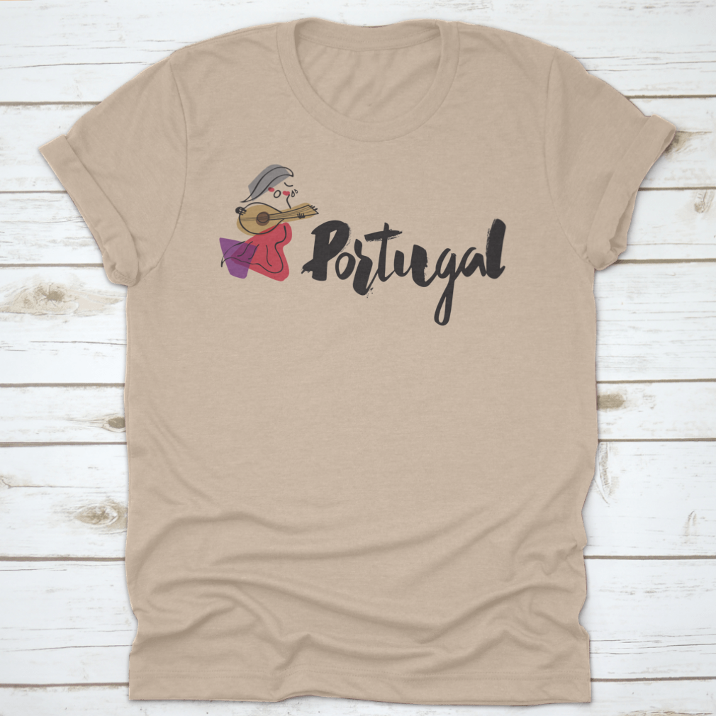 A stylish shirt featuring the word 'Portugal' in handwriting with a unique singer illustration, showcasing vibrant colors and a comfortable fit.