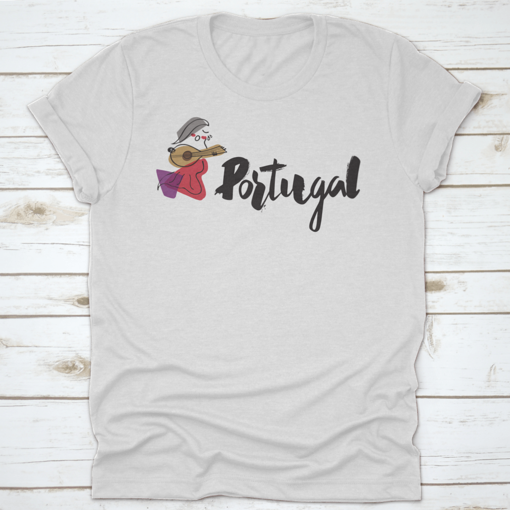 A stylish shirt featuring the word 'Portugal' in handwriting with a unique singer illustration, showcasing vibrant colors and a comfortable fit.