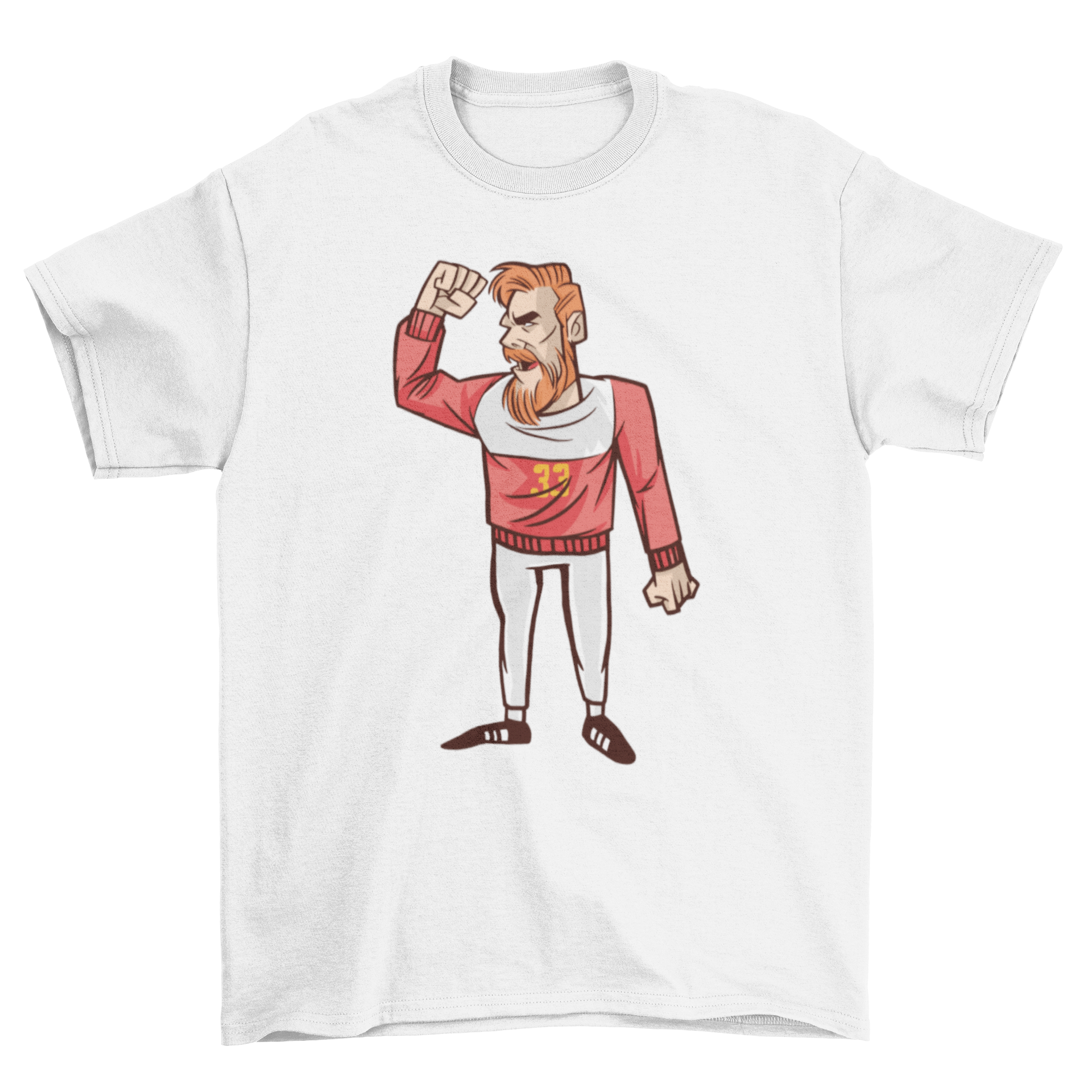 A vibrant t-shirt featuring a redheaded handball player yelling with a raised fist, showcasing passion for the sport.