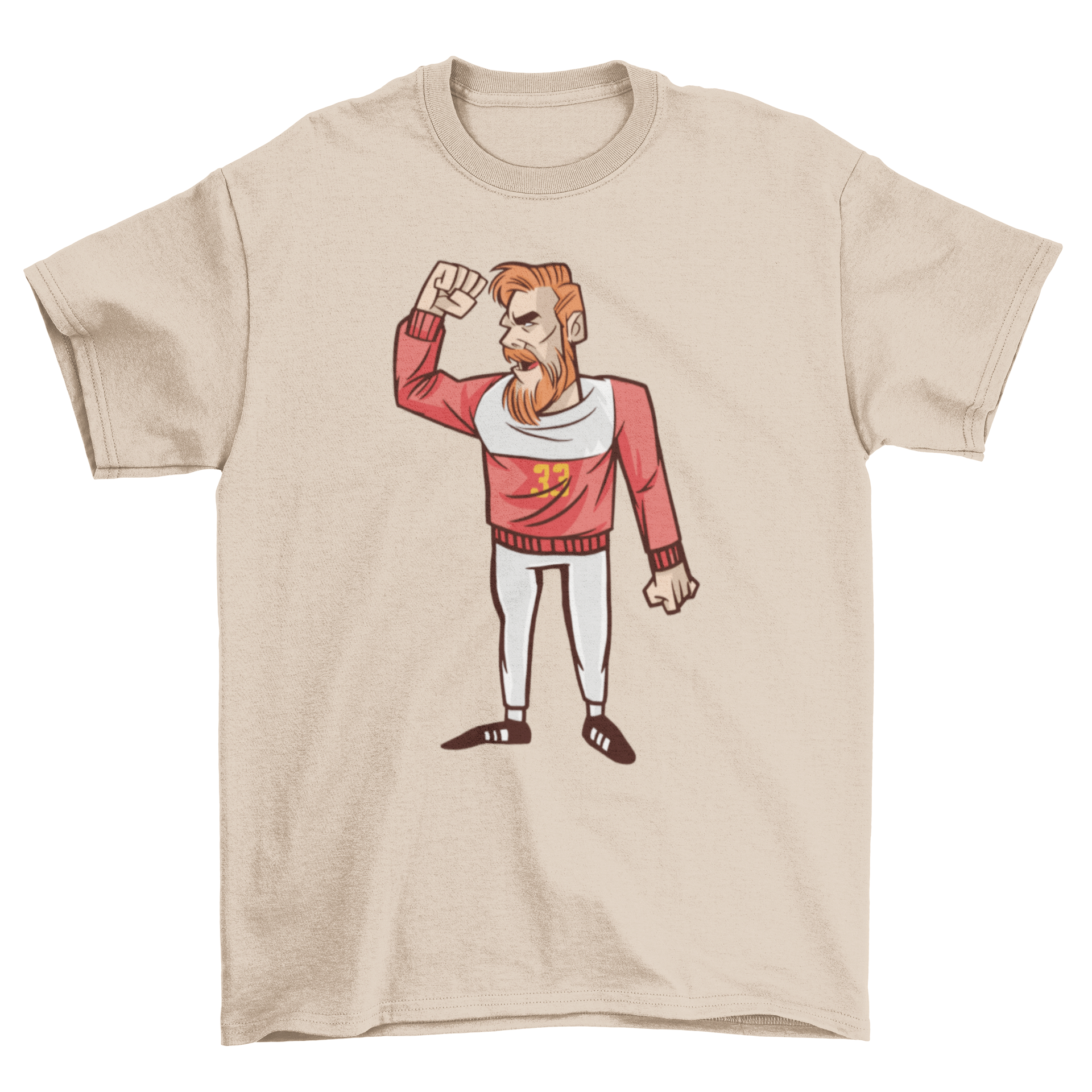 A vibrant t-shirt featuring a redheaded handball player yelling with a raised fist, showcasing passion for the sport.