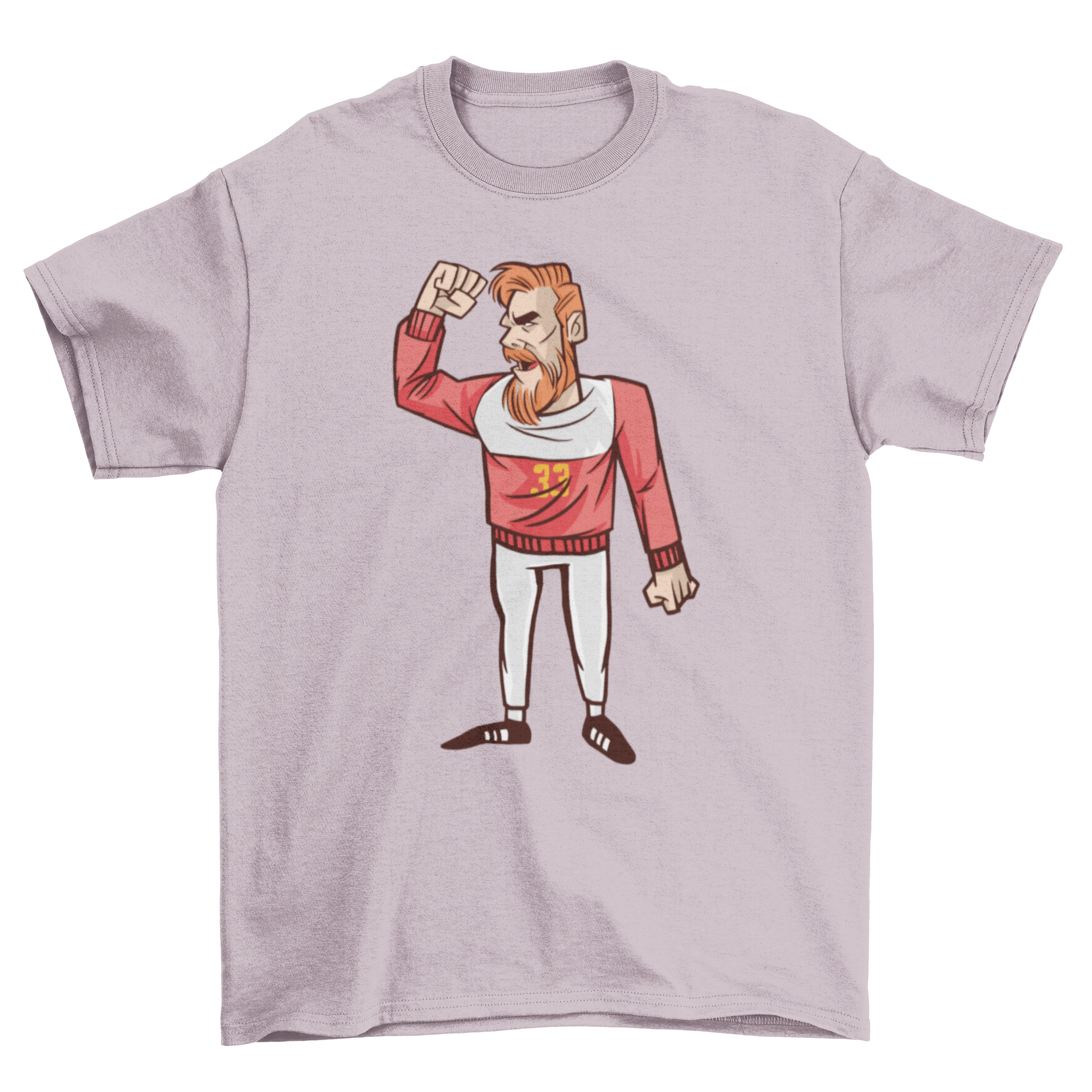 A vibrant t-shirt featuring a redheaded handball player yelling with a raised fist, showcasing passion for the sport.