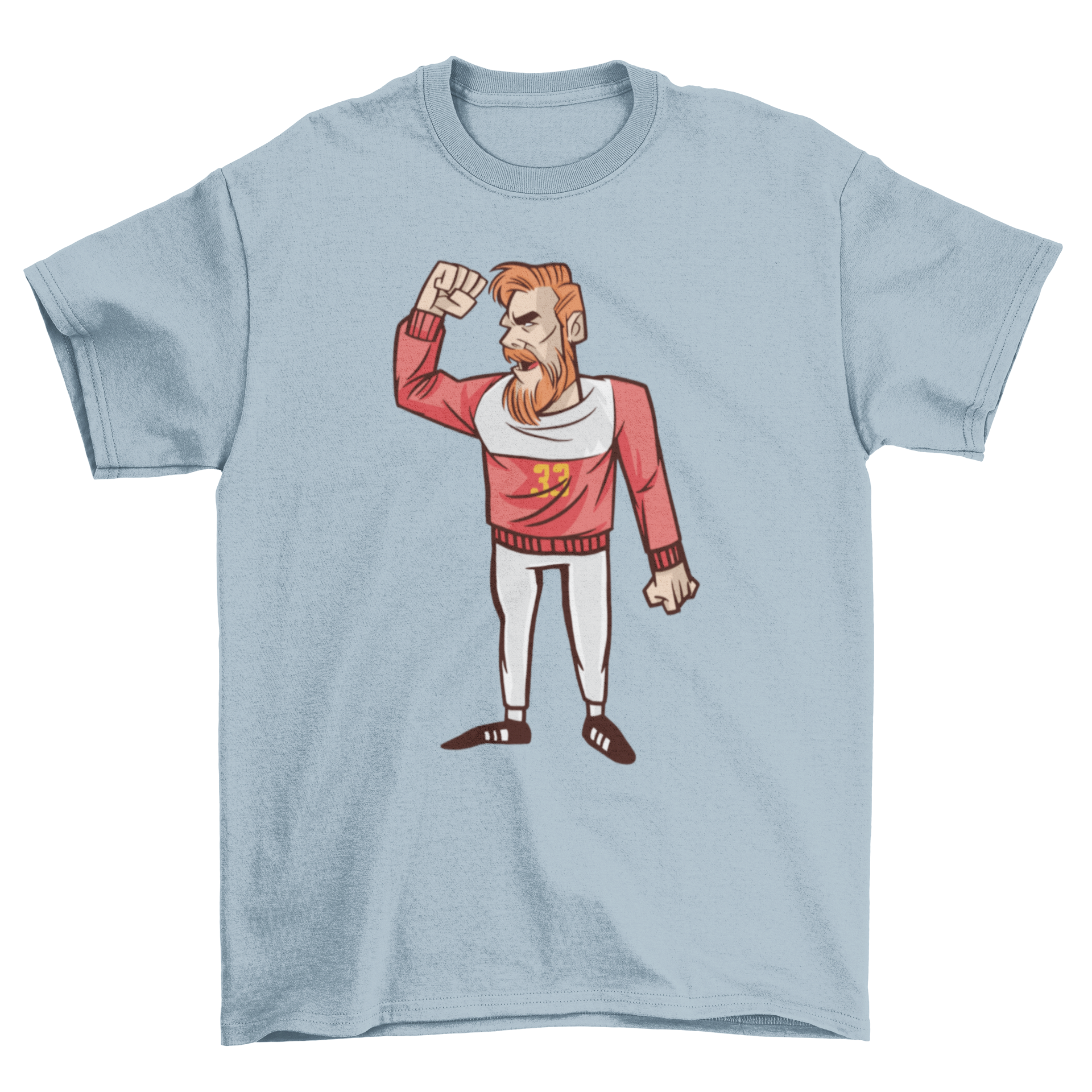 A vibrant t-shirt featuring a redheaded handball player yelling with a raised fist, showcasing passion for the sport.