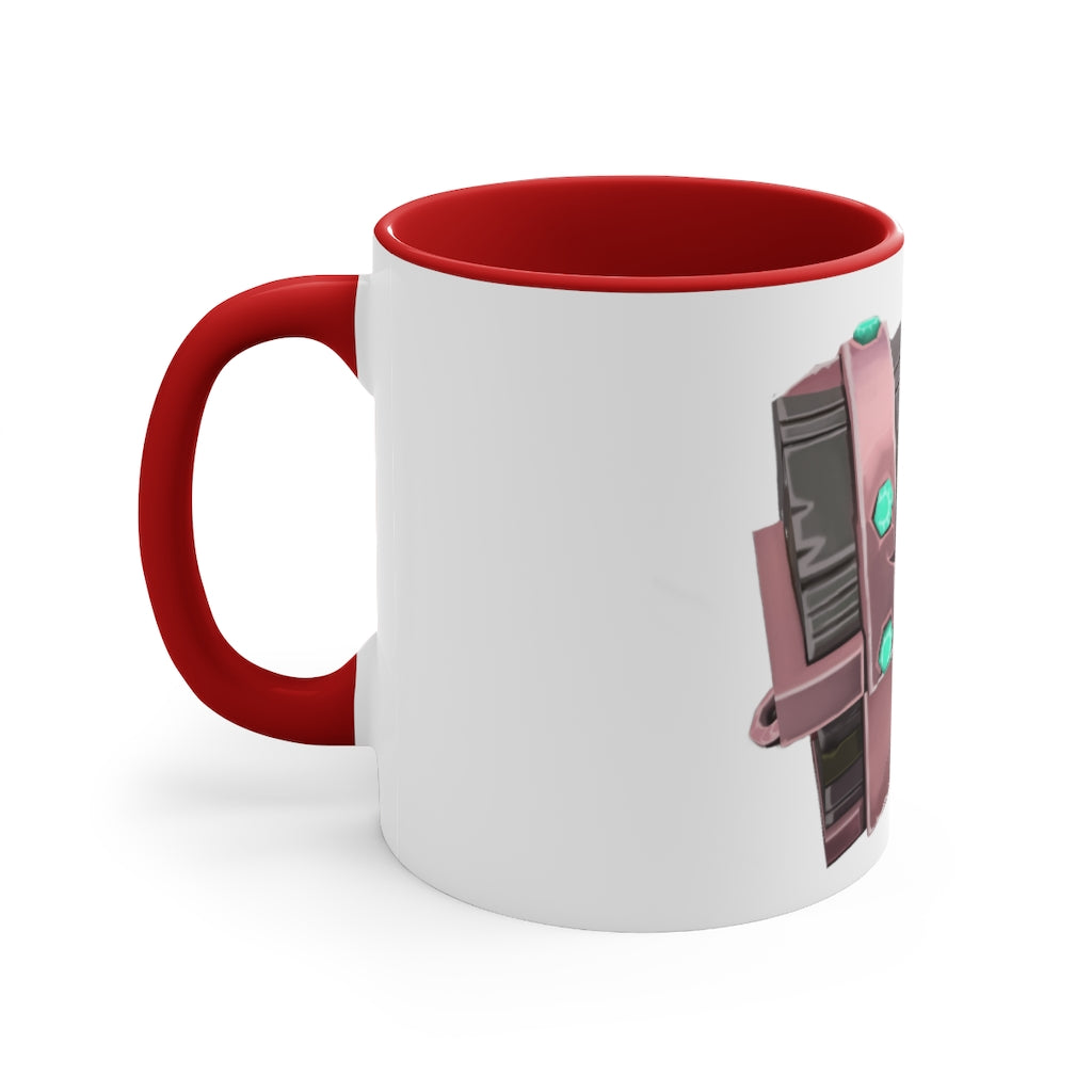 A hand-painted ceramic mug with a two-tone design, featuring a white exterior and a colored interior, available in red, pink, and black options.