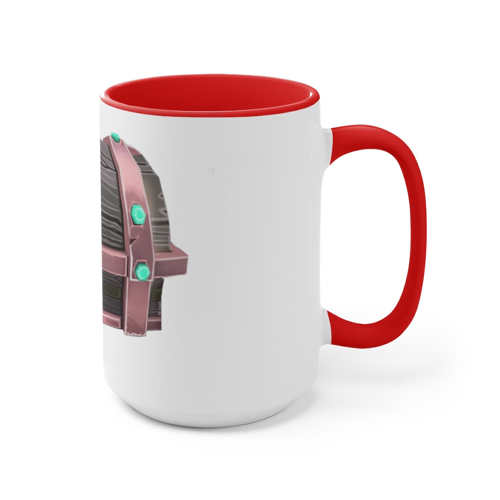 A hand-painted ceramic mug with a two-tone design, featuring a white exterior and a colored interior, available in red, pink, and black options.