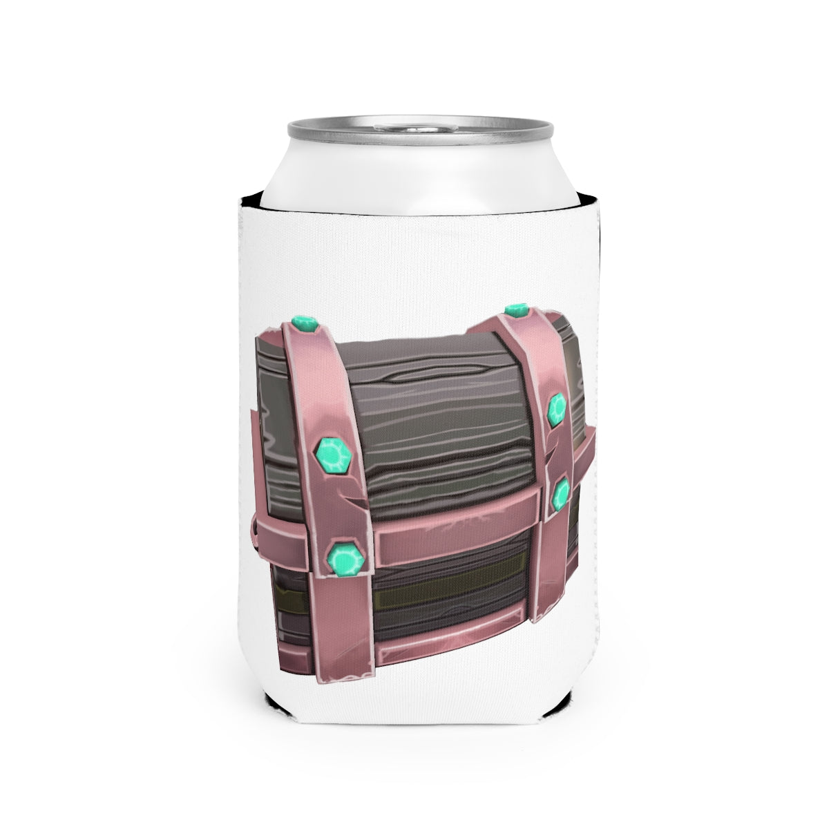 A colorful hand-painted neoprene can cooler sleeve designed to fit standard 12 oz cans, showcasing a unique artistic design.