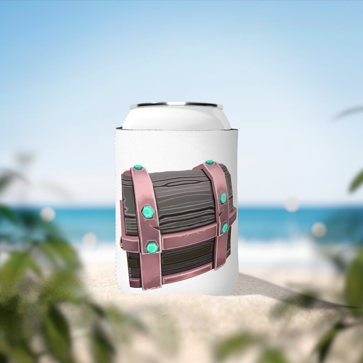 A colorful hand-painted neoprene can cooler sleeve designed to fit standard 12 oz cans, showcasing a unique artistic design.