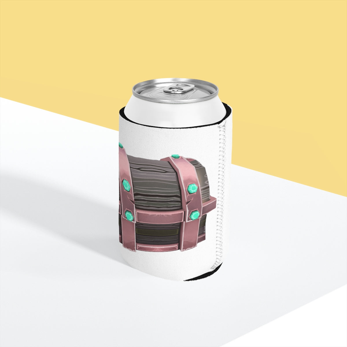 A colorful hand-painted neoprene can cooler sleeve designed to fit standard 12 oz cans, showcasing a unique artistic design.