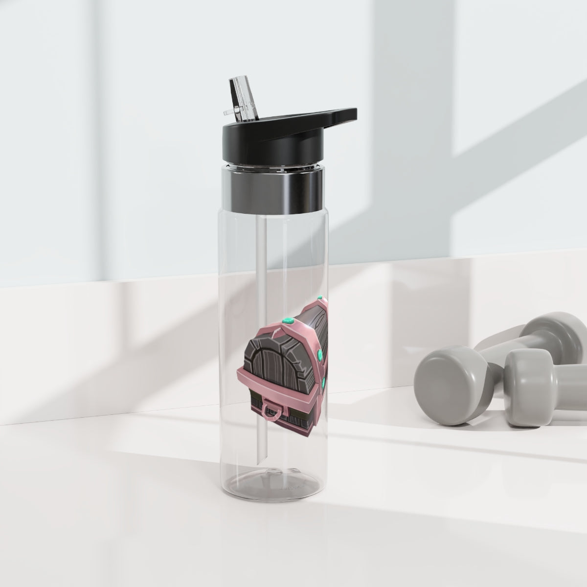 Hand-painted Kensington Tritan™ sport bottle in vibrant colors, featuring a screw-on lid and straw, attached to a backpack with a carabiner hook.