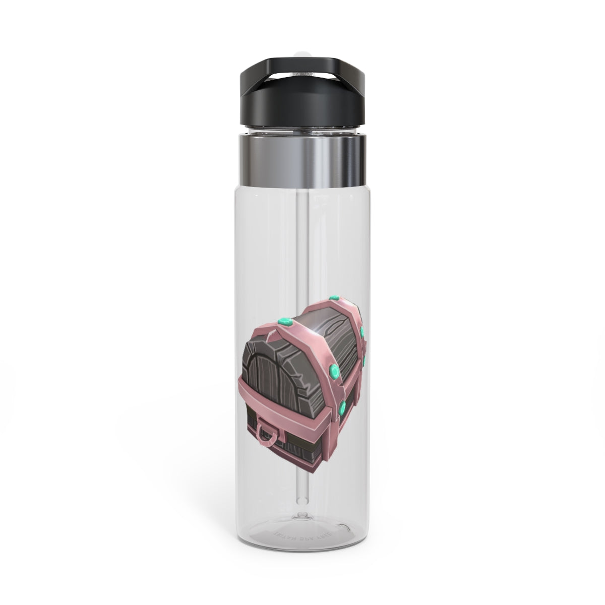 Hand-painted Kensington Tritan™ sport bottle in vibrant colors, featuring a screw-on lid and straw, attached to a backpack with a carabiner hook.