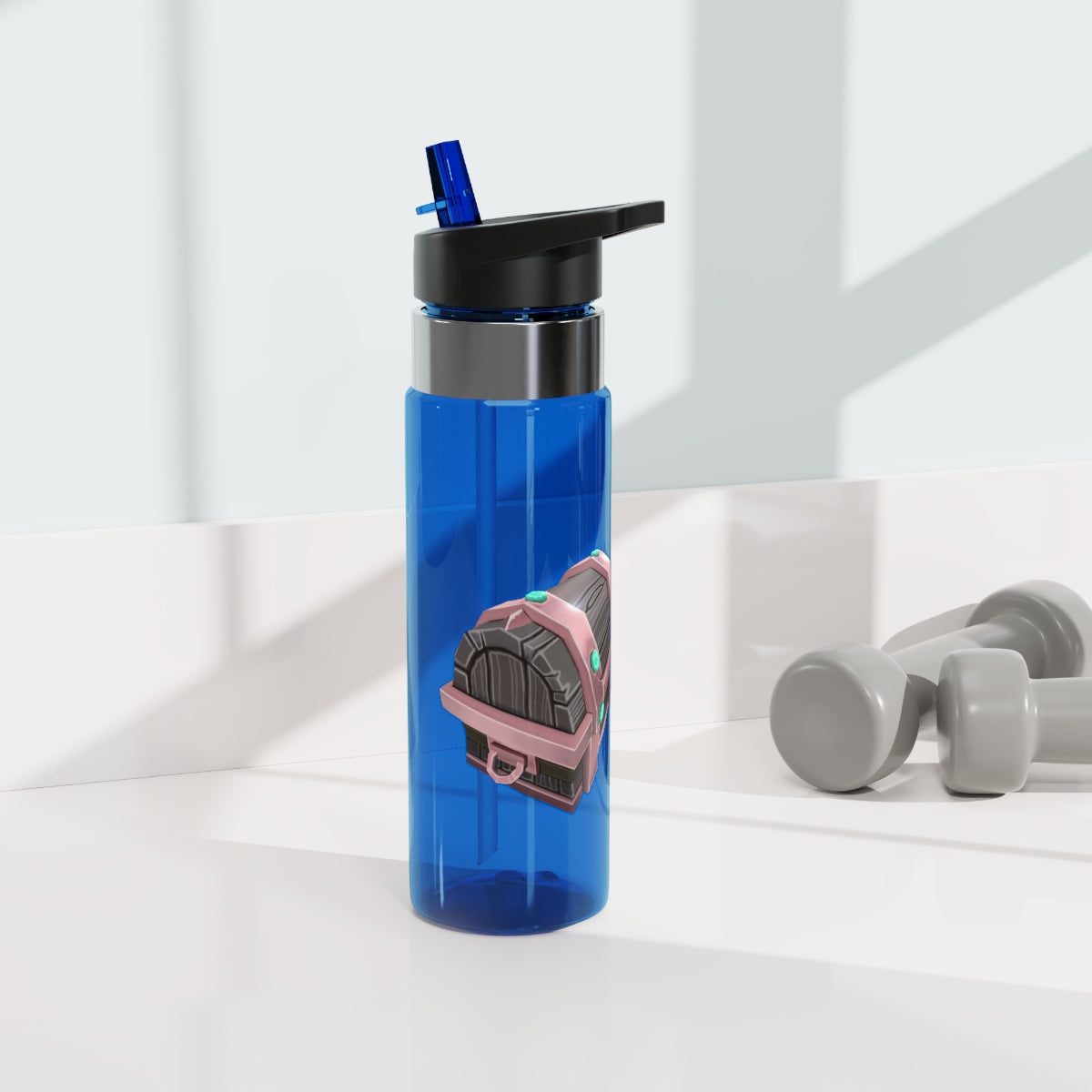 Hand-painted Kensington Tritan™ sport bottle in vibrant colors, featuring a screw-on lid and straw, attached to a backpack with a carabiner hook.