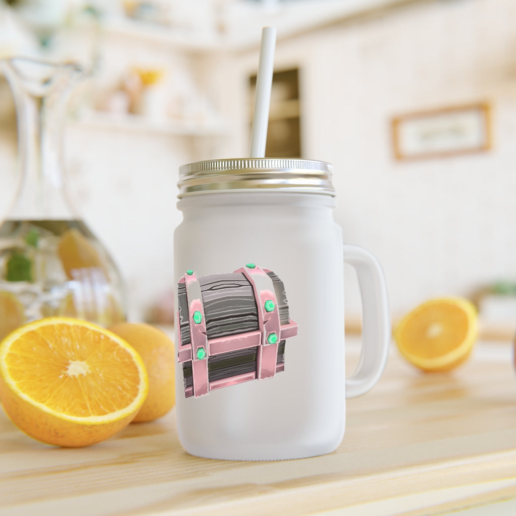 A beautifully hand-painted chest mason jar made of frosted glass, featuring a straw and lid, perfect for drinks.