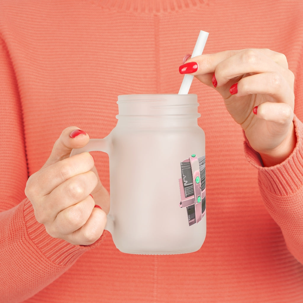 A beautifully hand-painted chest mason jar made of frosted glass, featuring a straw and lid, perfect for drinks.