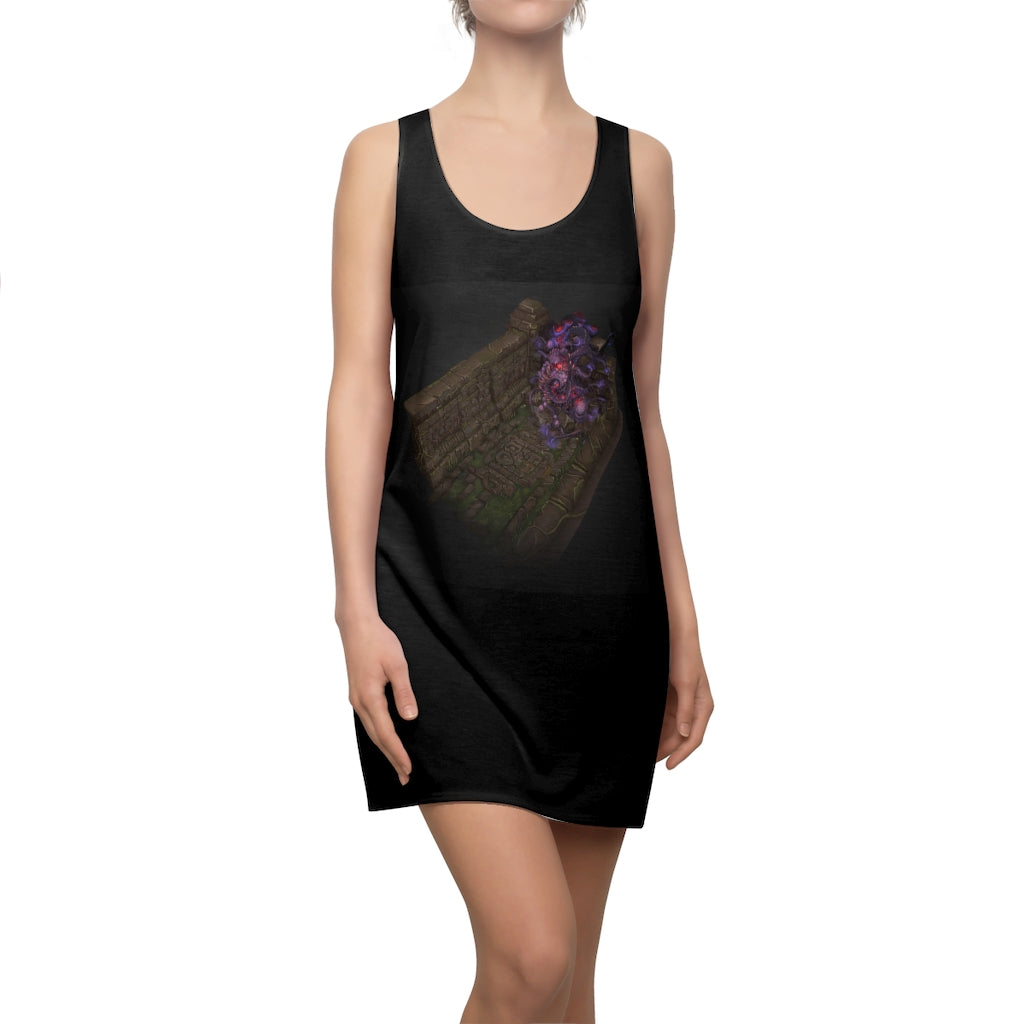 A stylish Hand-Painted Dungeon Women's Racerback Dress featuring unique artwork and a sporty fit, perfect for casual outings.