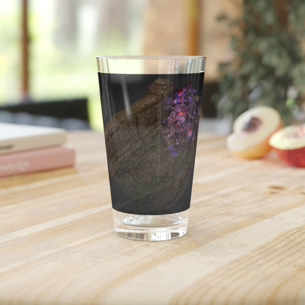 A beautifully hand-painted 16oz pint glass featuring vibrant colors and unique designs, perfect for personalized drinking experiences.