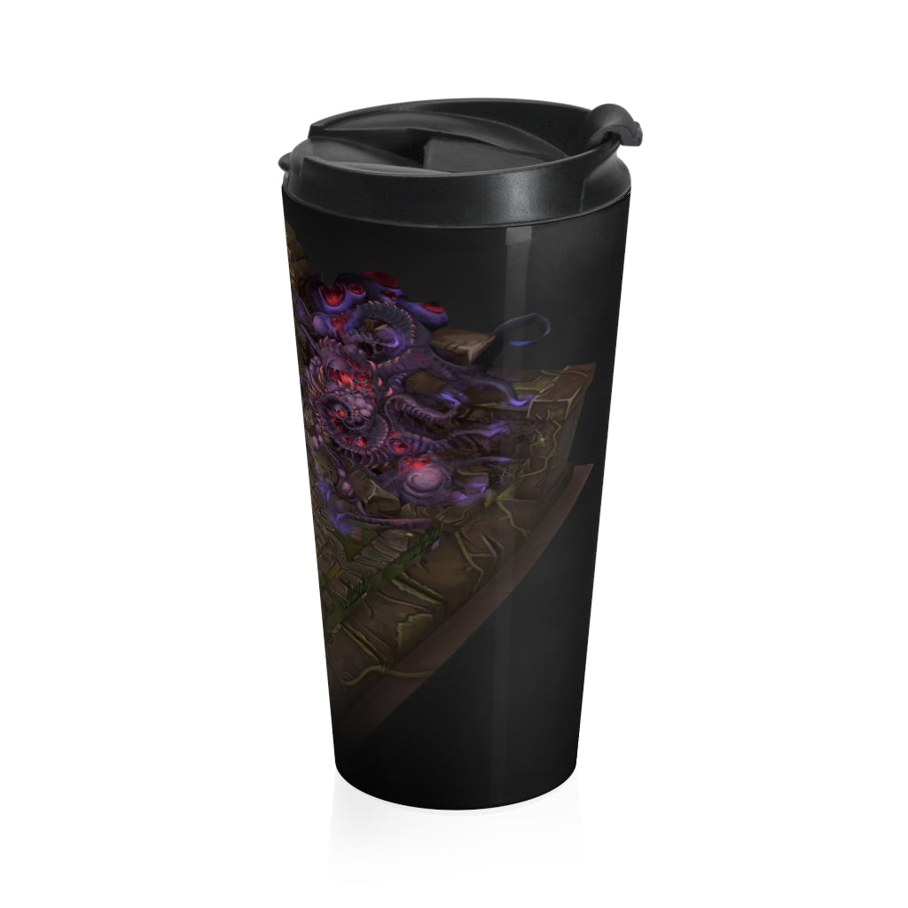 Hand-Painted Environment Art Stainless Steel Travel Mug featuring a unique design and black plastic lid, perfect for coffee and tea lovers.