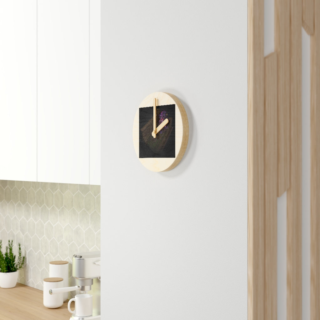 Hand-painted wooden wall clock made from sustainable birch plywood, featuring unique designs and available in two sizes.