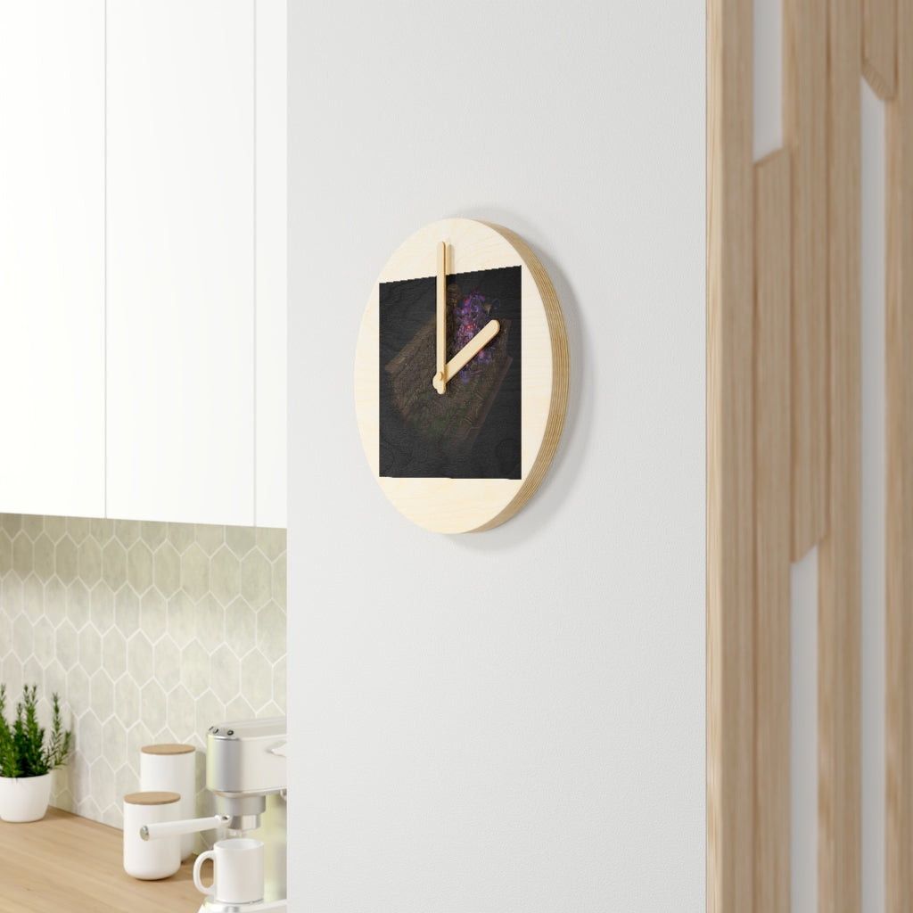 Hand-painted wooden wall clock made from sustainable birch plywood, featuring unique designs and available in two sizes.