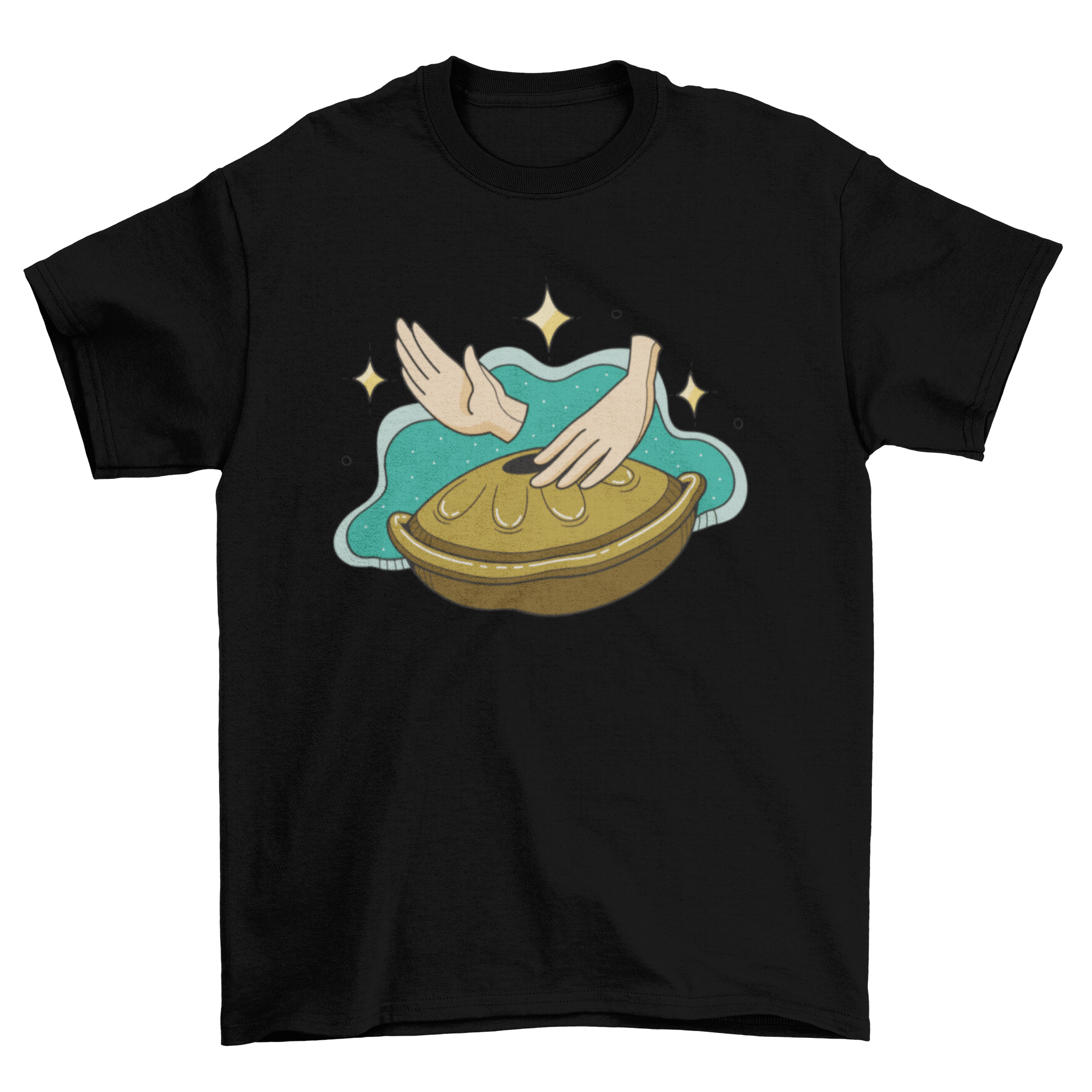 A stylish t-shirt featuring a design of two hands playing a handpan instrument, showcasing musical artistry.