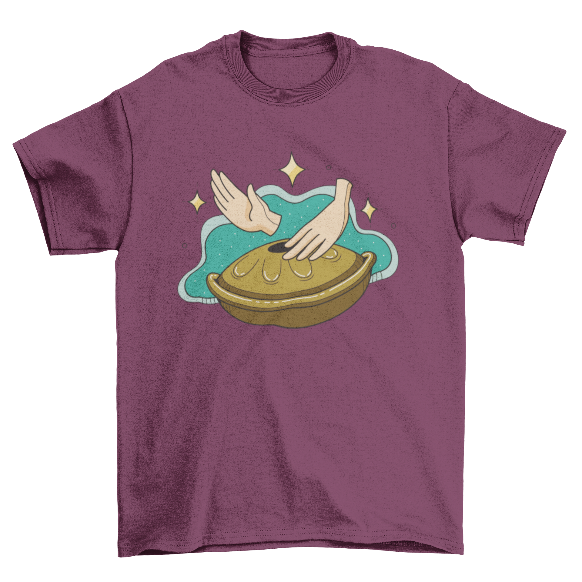 A stylish t-shirt featuring a design of two hands playing a handpan instrument, showcasing musical artistry.