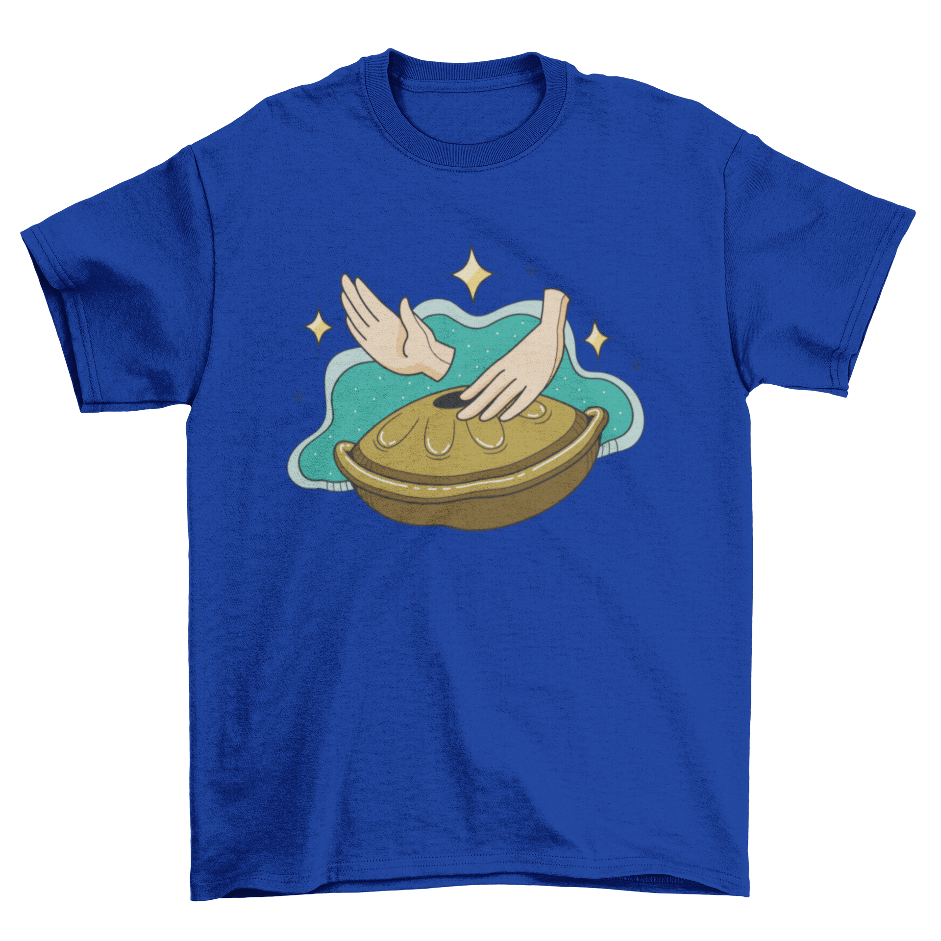 A stylish t-shirt featuring a design of two hands playing a handpan instrument, showcasing musical artistry.