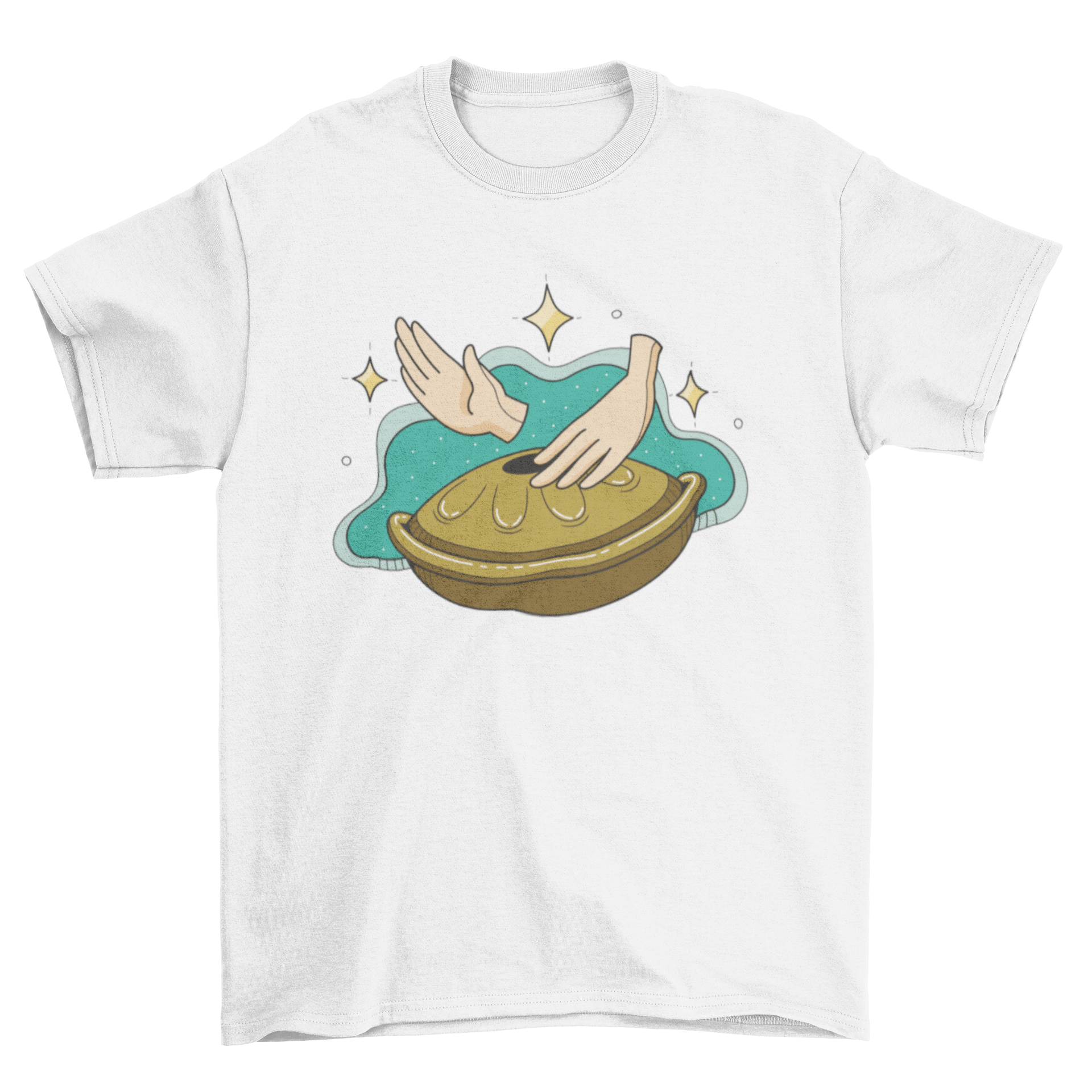 A stylish t-shirt featuring a design of two hands playing a handpan instrument, showcasing musical artistry.