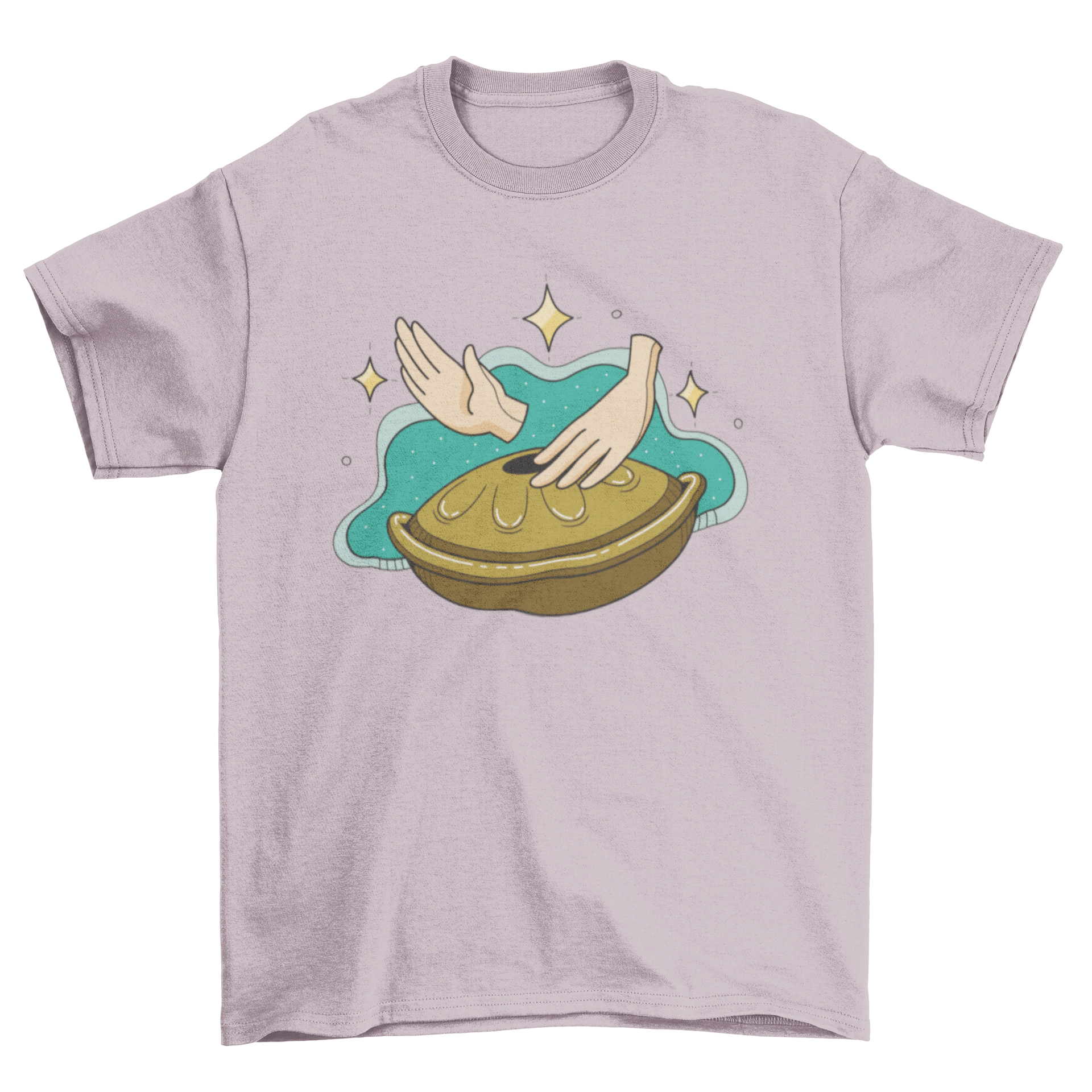 A stylish t-shirt featuring a design of two hands playing a handpan instrument, showcasing musical artistry.