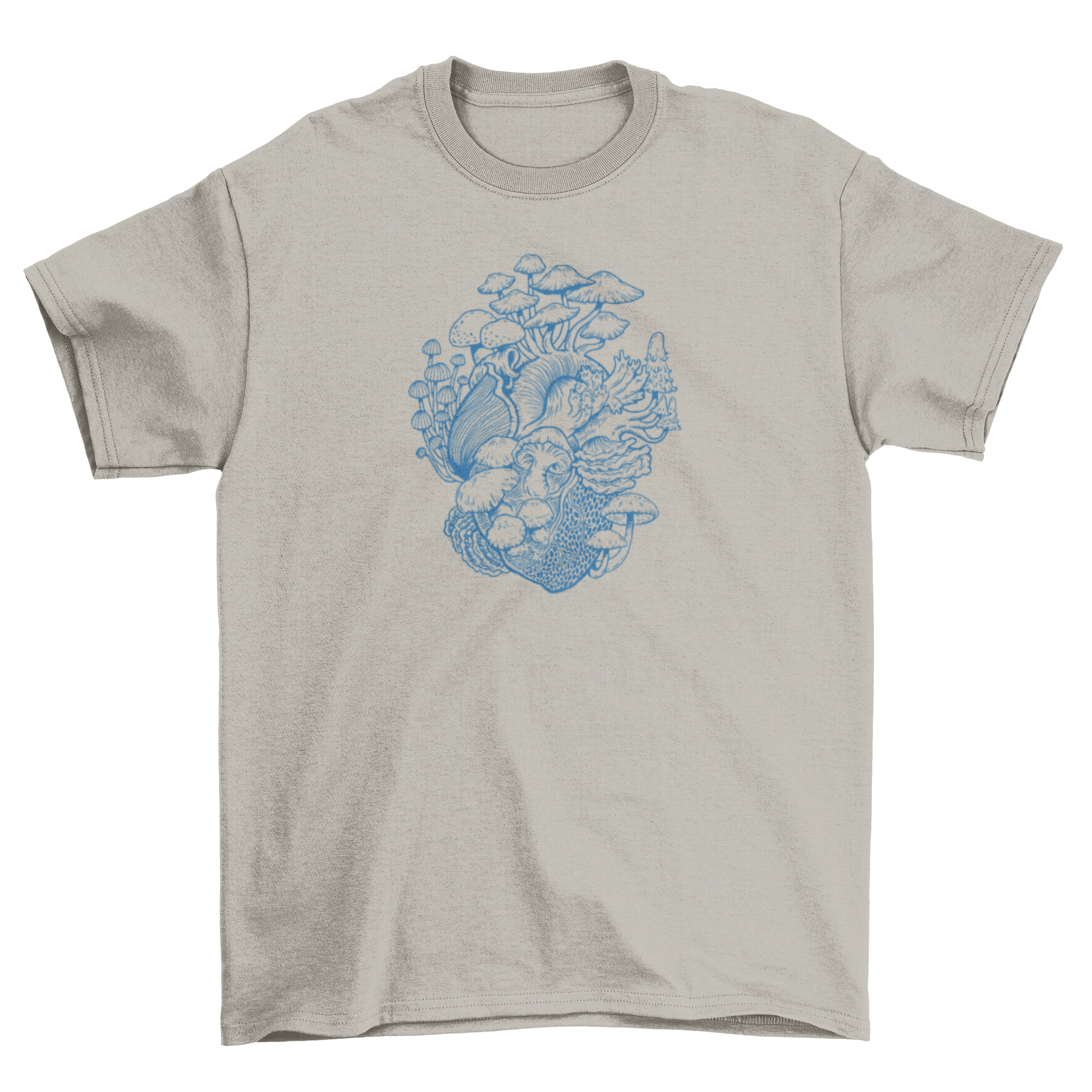 A stylish hand-drawn t-shirt featuring a heart design made of various mushrooms, showcasing nature-inspired art.