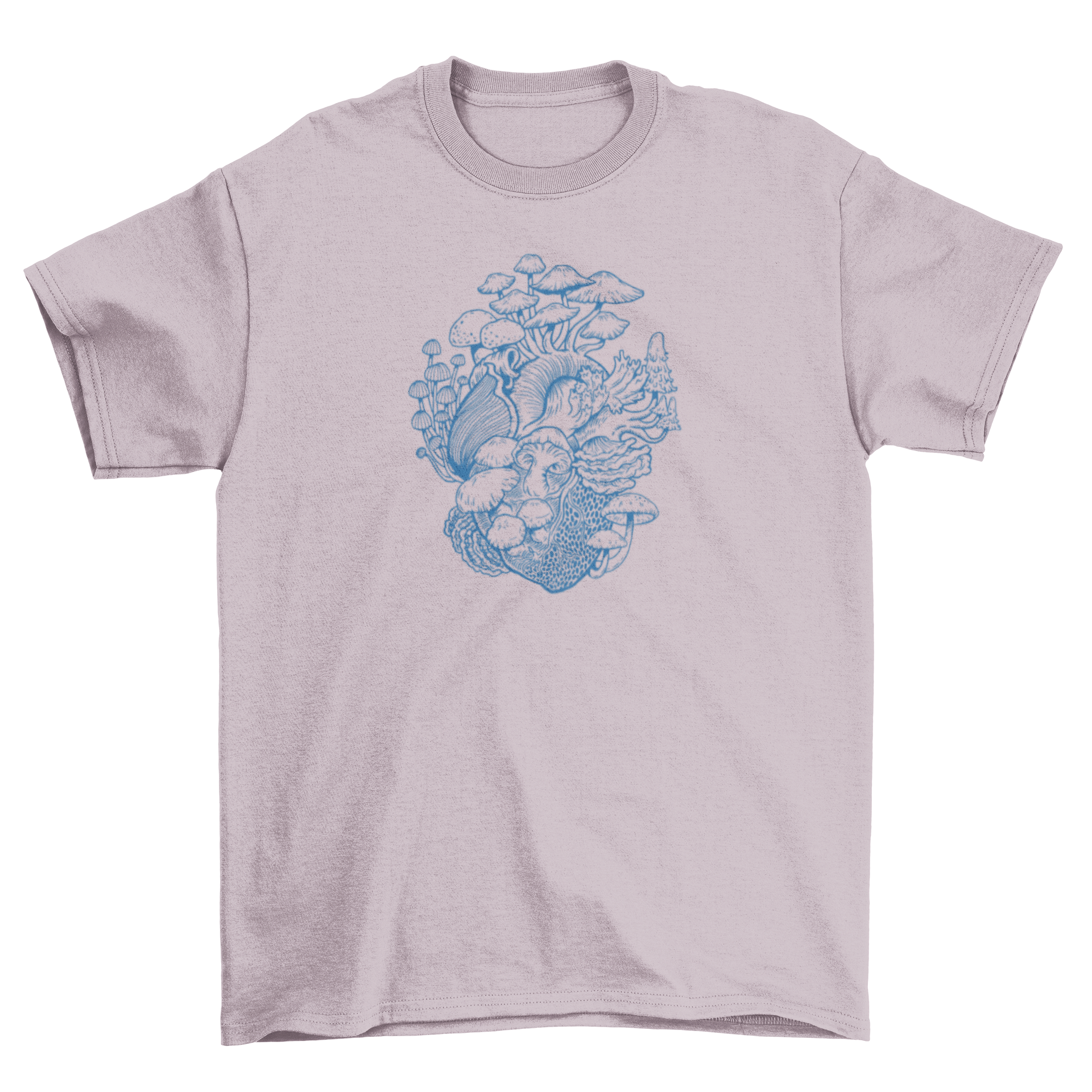 A stylish hand-drawn t-shirt featuring a heart design made of various mushrooms, showcasing nature-inspired art.