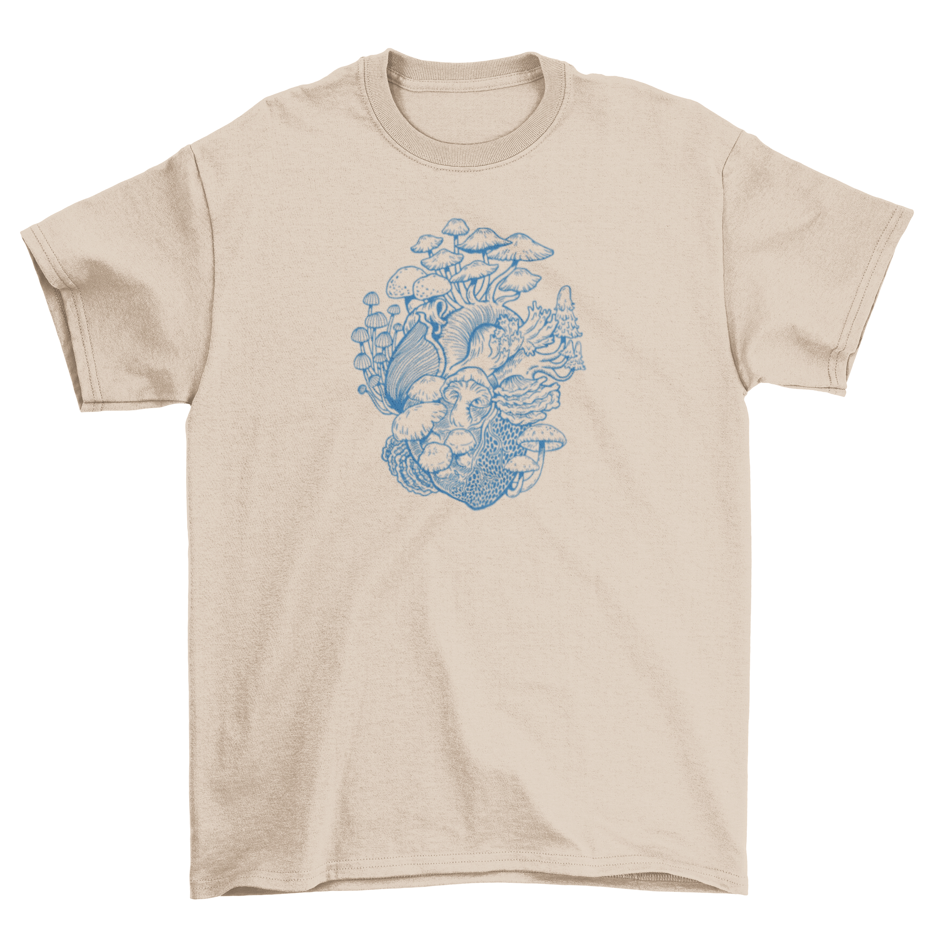 A stylish hand-drawn t-shirt featuring a heart design made of various mushrooms, showcasing nature-inspired art.