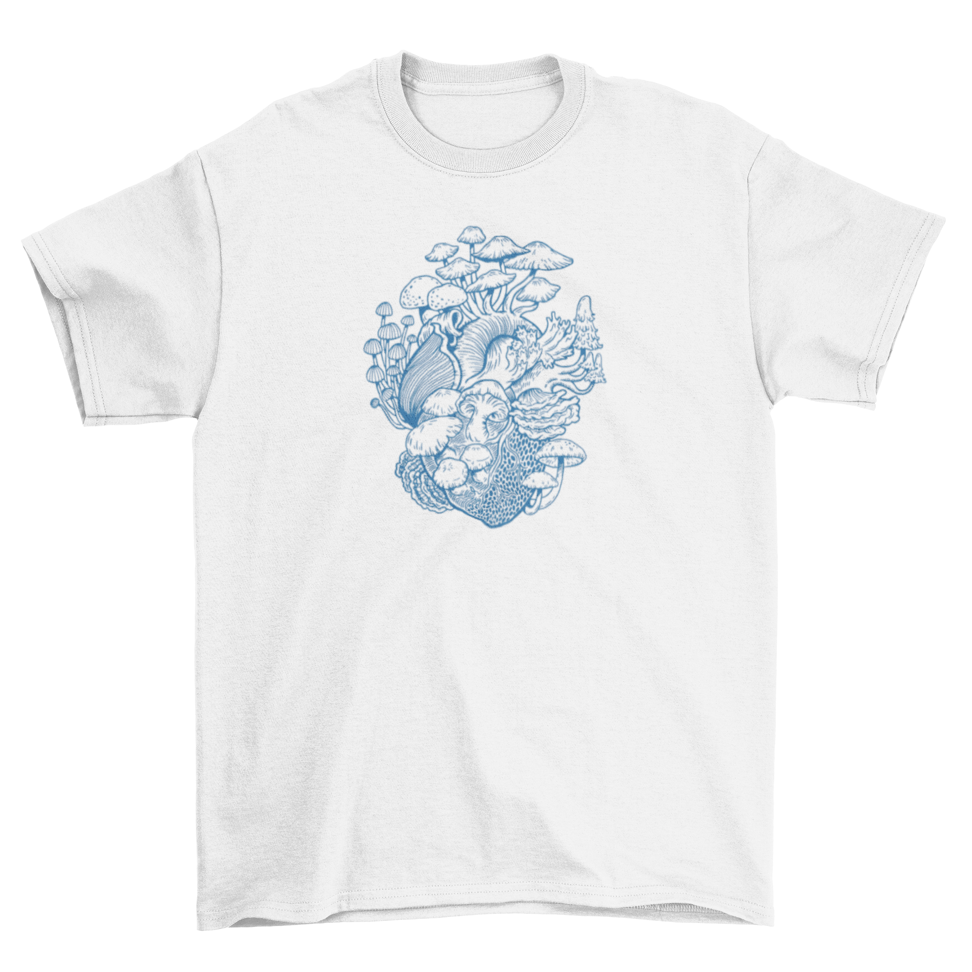 A stylish hand-drawn t-shirt featuring a heart design made of various mushrooms, showcasing nature-inspired art.