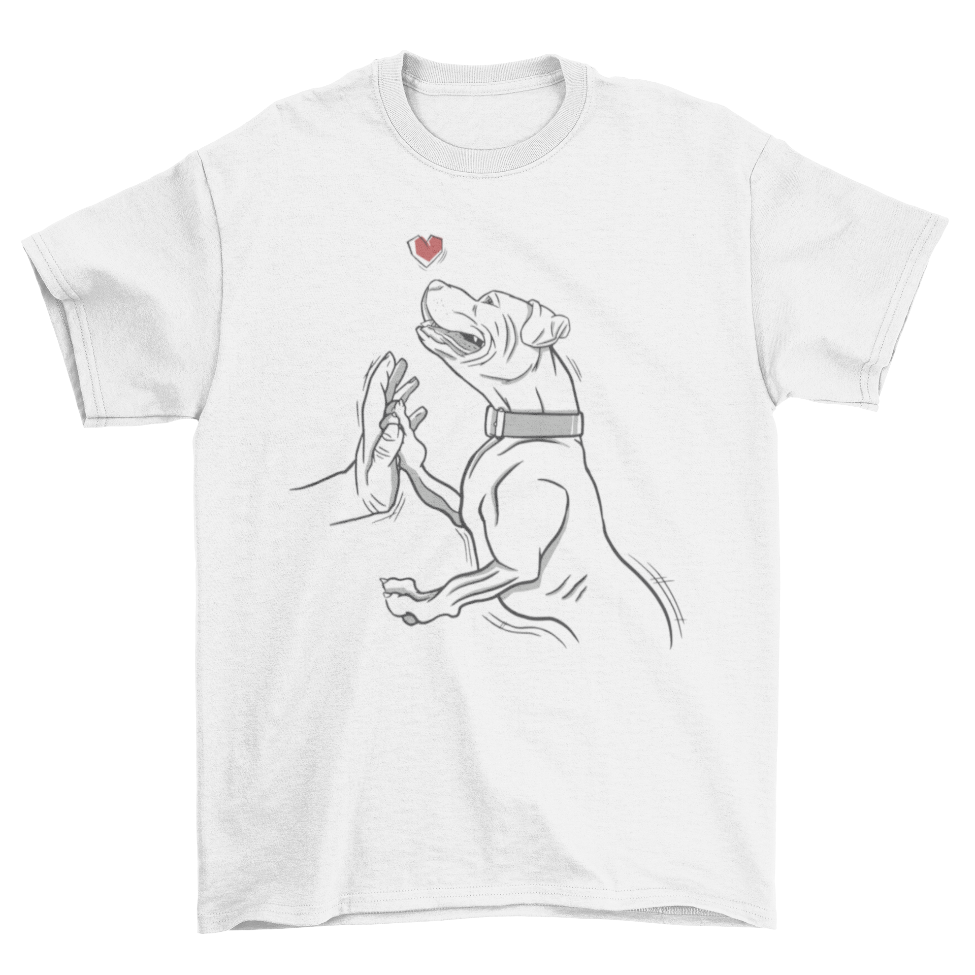 A stylish hand-drawn t-shirt featuring a pitbull high-fiving its owner, showcasing a unique and artistic design.