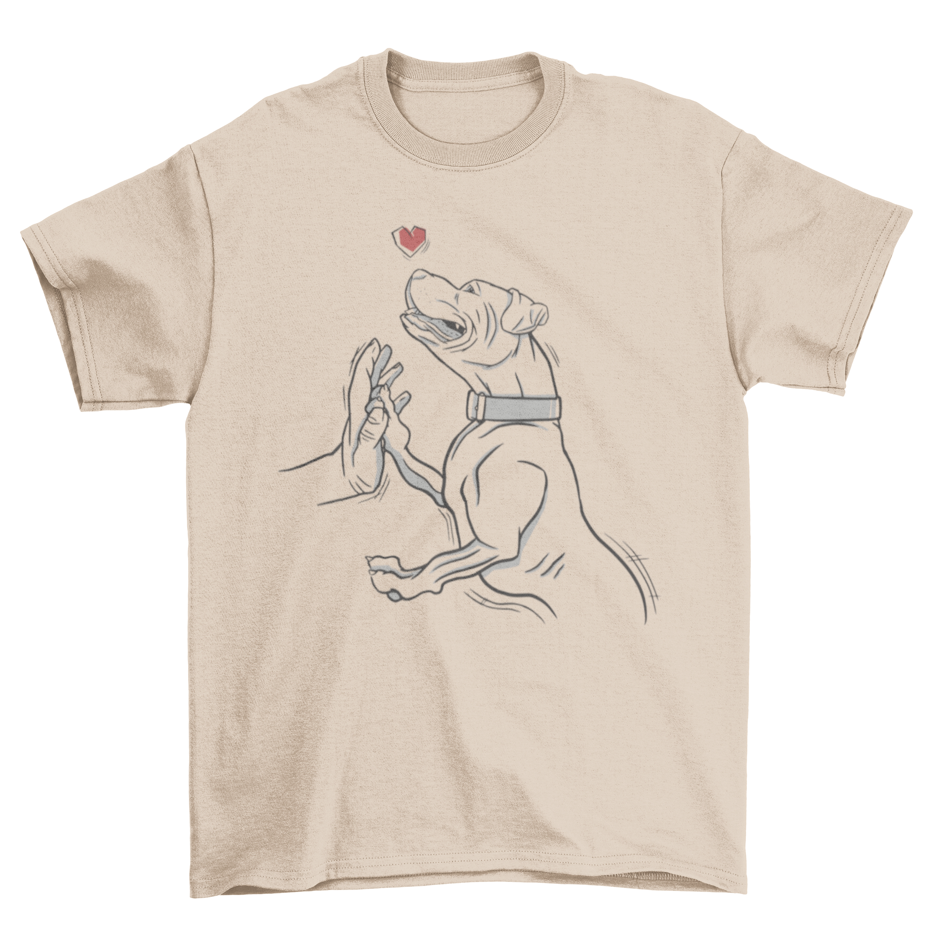 A stylish hand-drawn t-shirt featuring a pitbull high-fiving its owner, showcasing a unique and artistic design.