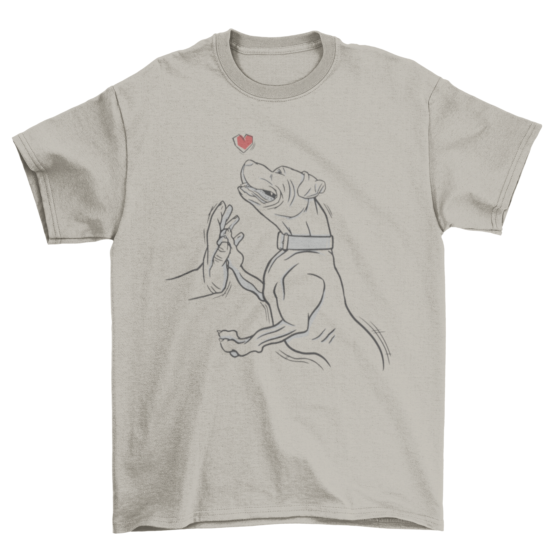 A stylish hand-drawn t-shirt featuring a pitbull high-fiving its owner, showcasing a unique and artistic design.