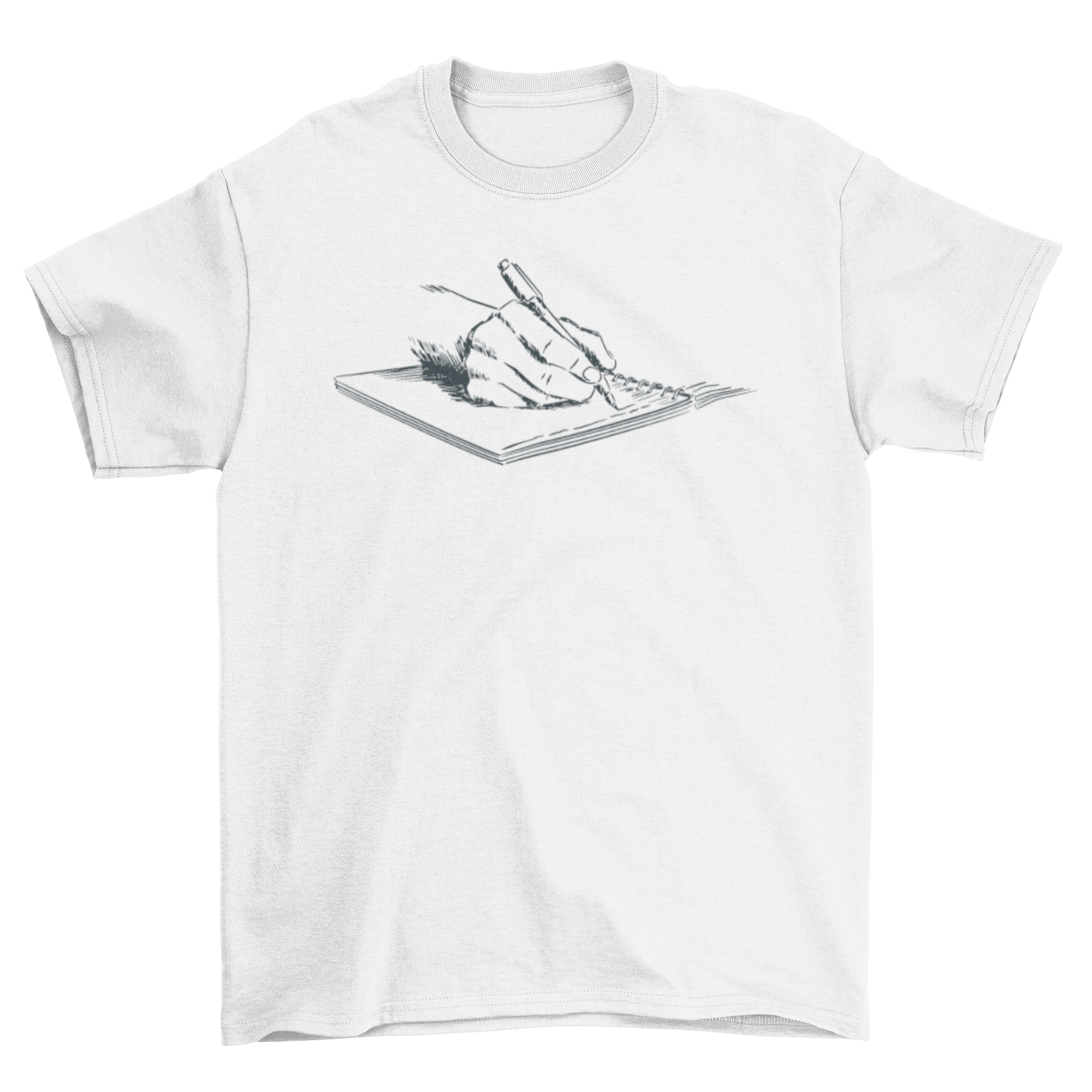 A stylish hand-drawn writing t-shirt featuring a hand sketching on a notebook, showcasing creativity and artistic flair.